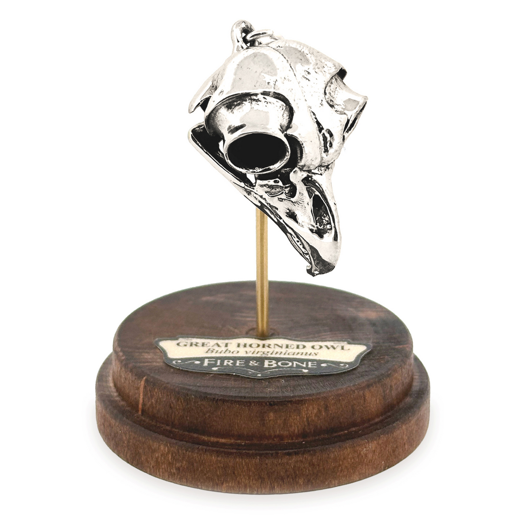 Sterling Silver Great Horned Owl Skull Pendant by Fire & Bone